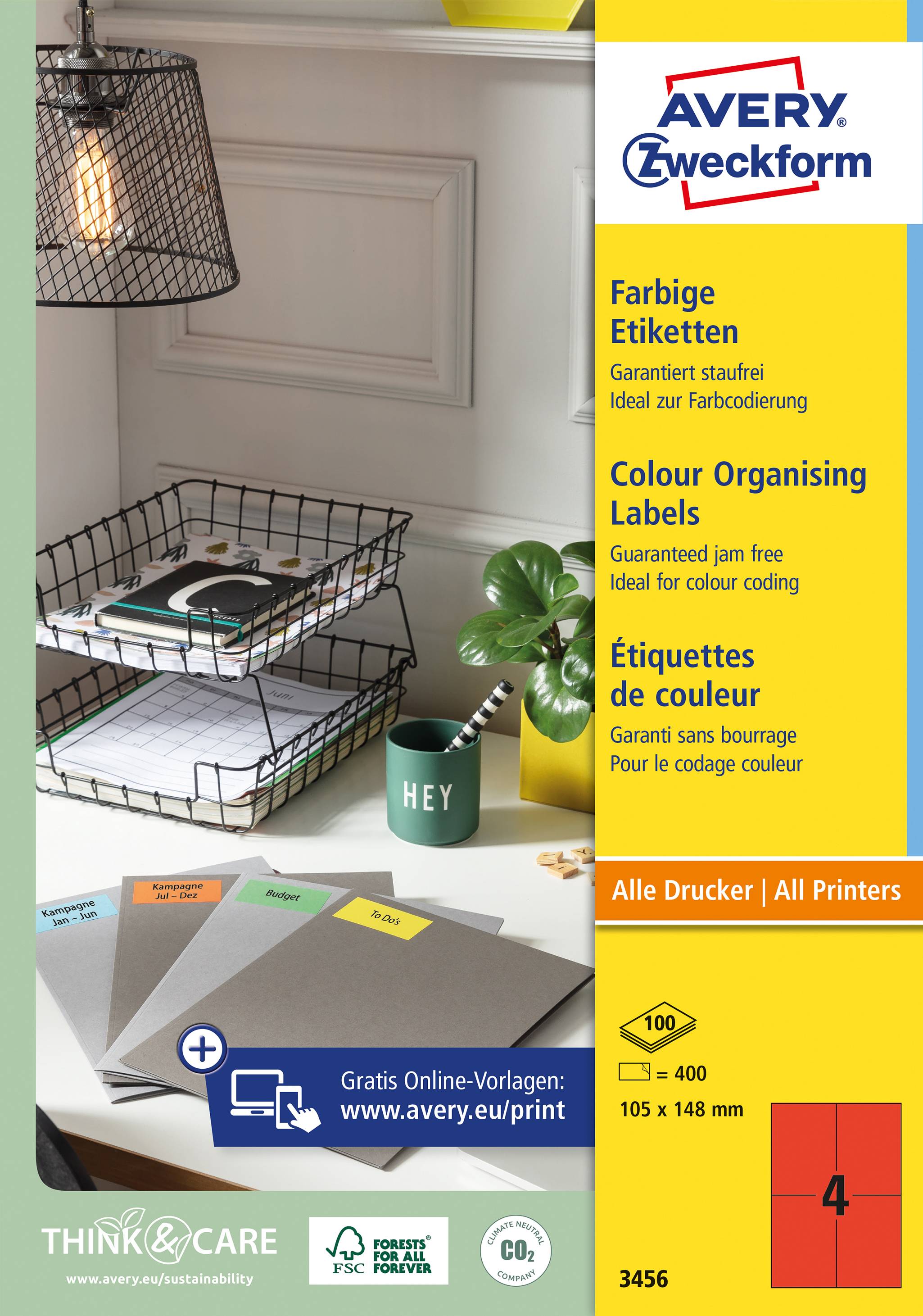 Avery-Zweckform 3456 Universal-Etiketten 105 x 48 mm Papier Rot 400 St. Permanent haftend Tintenstrahldrucker, Laserdrucker, Farblaserdrucker