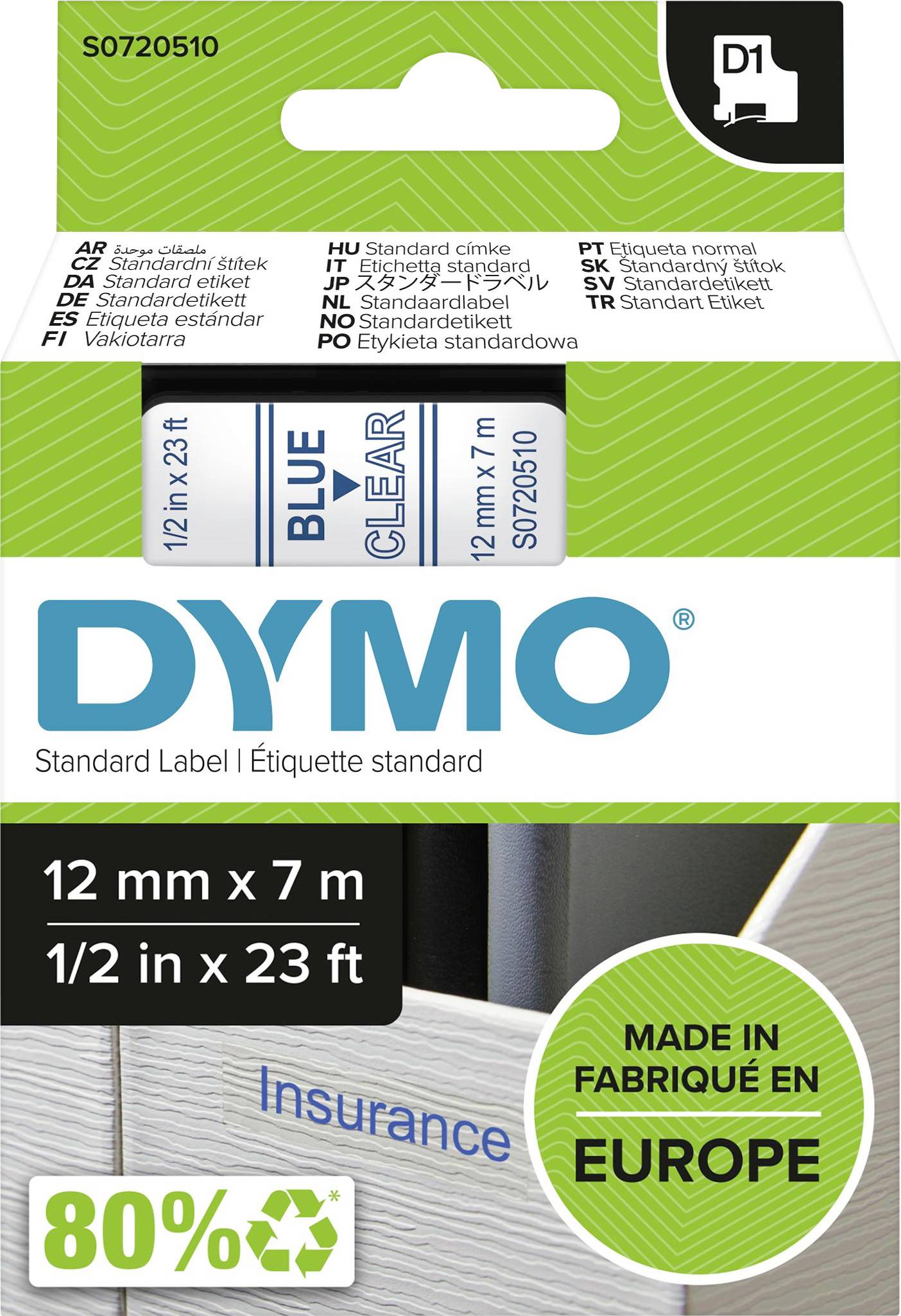 DYMO 45011 Schriftband Bandfarbe: Transparent Schriftfarbe: Blau 12 mm 7 m