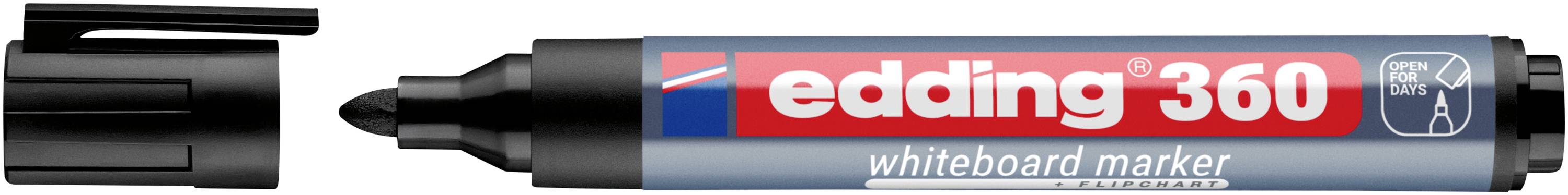 Schwarzer Edding 360 Whiteboard-Marker mit schwarzer Kappe, auf dem Schaft mit „edding 360 whiteboard