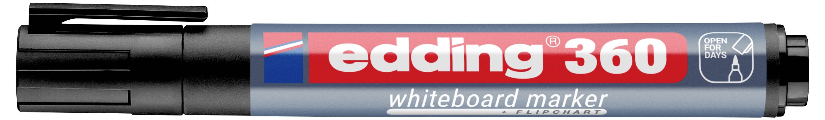 Schwarzer Edding 360 Whiteboard-Marker mit rot-weißem Etikett, mit Kappe, horizontal auf weißem Hintergrund dargestellt.