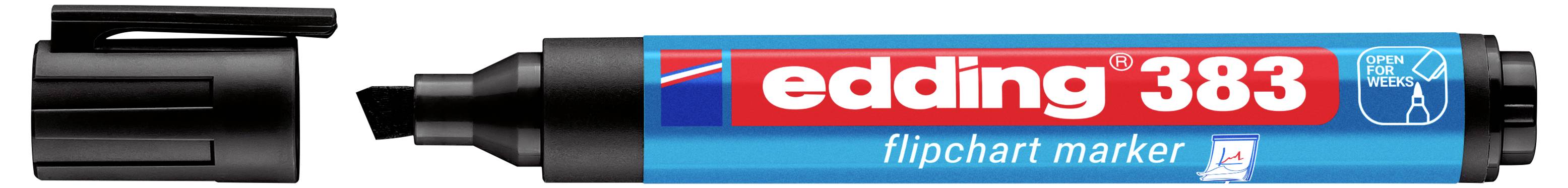 Schwarzer Edding 383 Flipchart-Marker mit schwarzer Kappe, blau-rotem Etikett und breiter Meißelspitze.