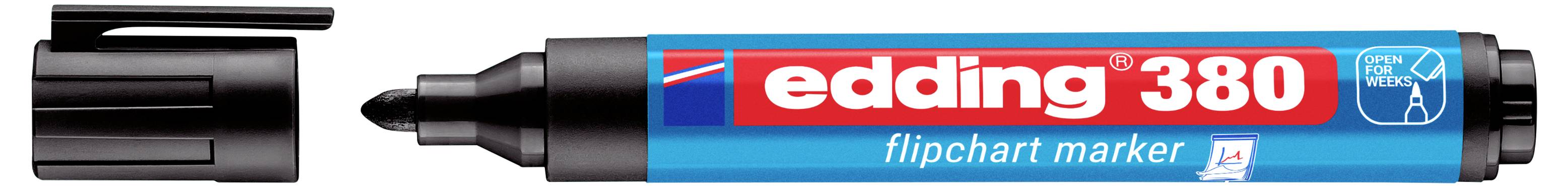 Blauer Edding 380 Flipchart-Marker mit schwarzer Kappe und Keilspitze auf weißem Hintergrund dargestellt.