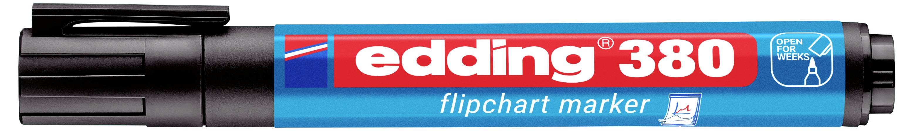 Ein schwarzer Edding 380 Flipchart-Marker mit blauer Kappe und rot-blauem Etikett, das den Markennamen und den Produkttyp zeigt.