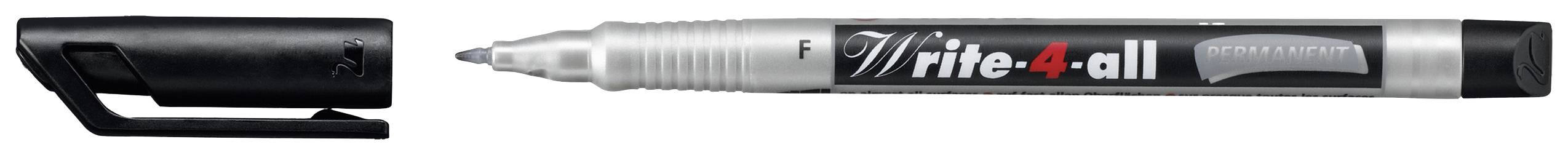Schwarzer Stift mit silberner Spitze und abnehmbarem Deckel, Marke 'rite-4-all' aufgedruckt.