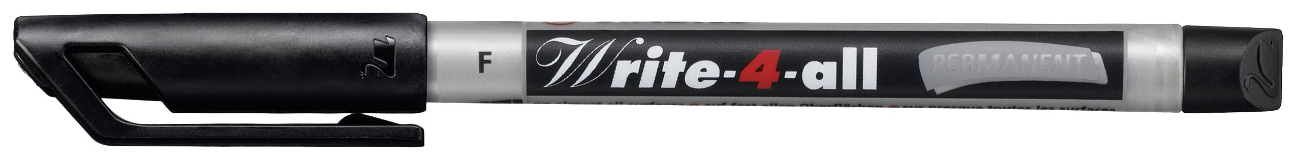 Schwarzer Filzstift mit der Aufschrift 'Write-4-all' auf dem Schaft.