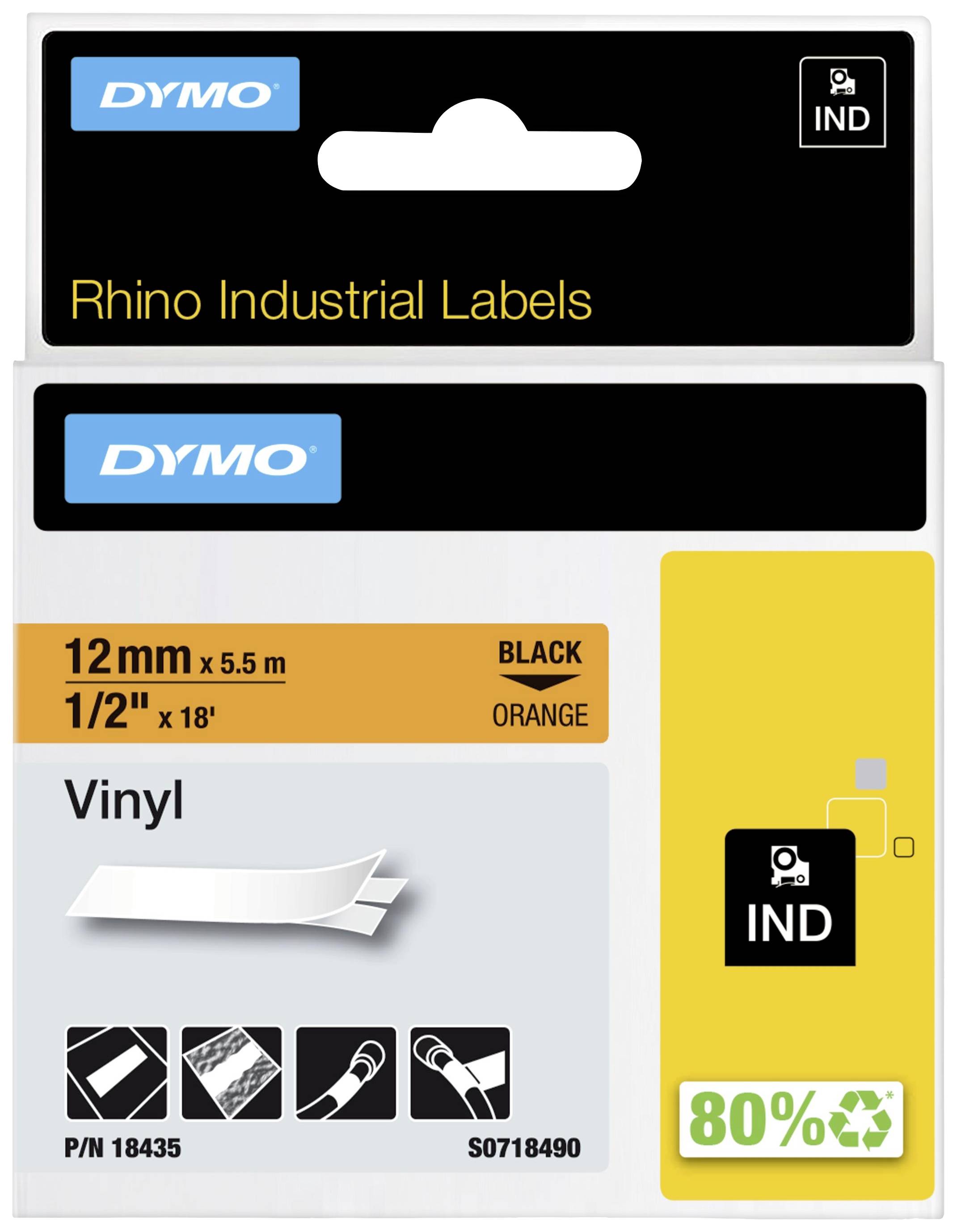 'DYMO' Rhino Industrieetiketten-Packung. Vinyl-Etiketten, 12mm, schwarz auf orange. Enthält Piktogramme zur Anwendung.