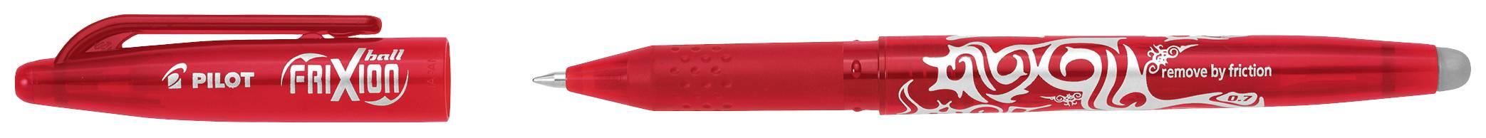 Roter Kugelschreiber mit der Aufschrift 'Pilot Frixion Ball'. Kappe und Spitze sichtbar, Tintenroller mit integriertem Radierer.