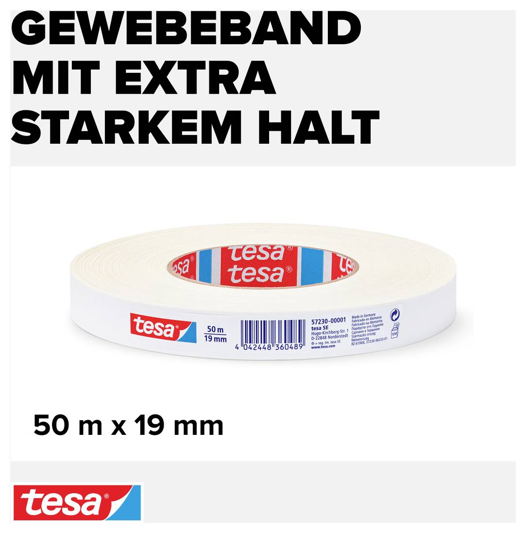 Eine Rolle weißes Gewebeband der Marke tesa, Größe 50 m x 19 mm, mit Aufschrift 'Gewebeband mit extra starkem Halt'.