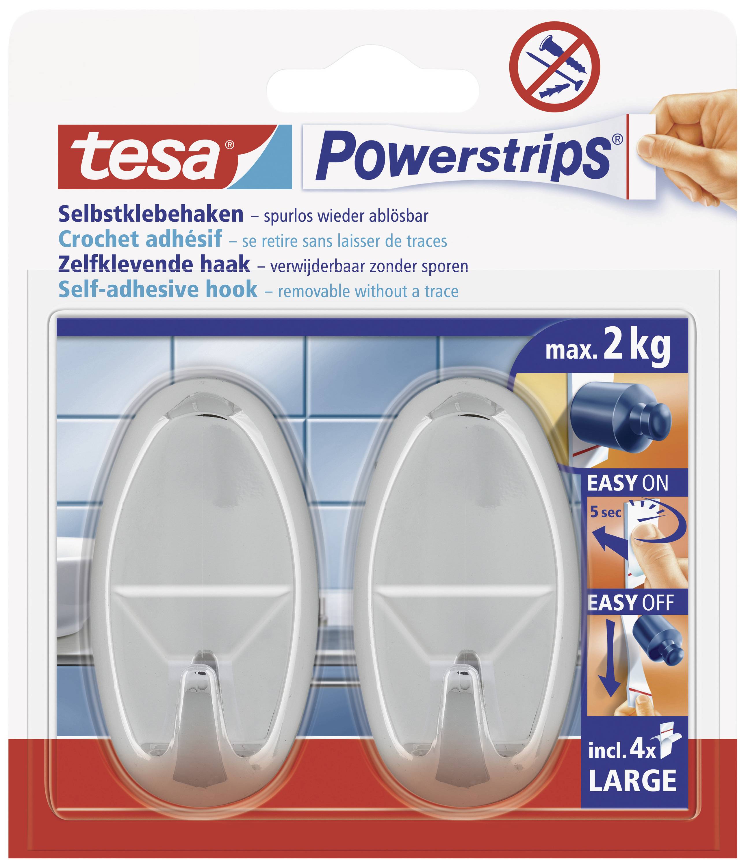 Zwei transparente, selbstklebende Haken auf blauem Hintergrund. Verpackung betont einfache Montage und Tragkraft bis 2 kg.