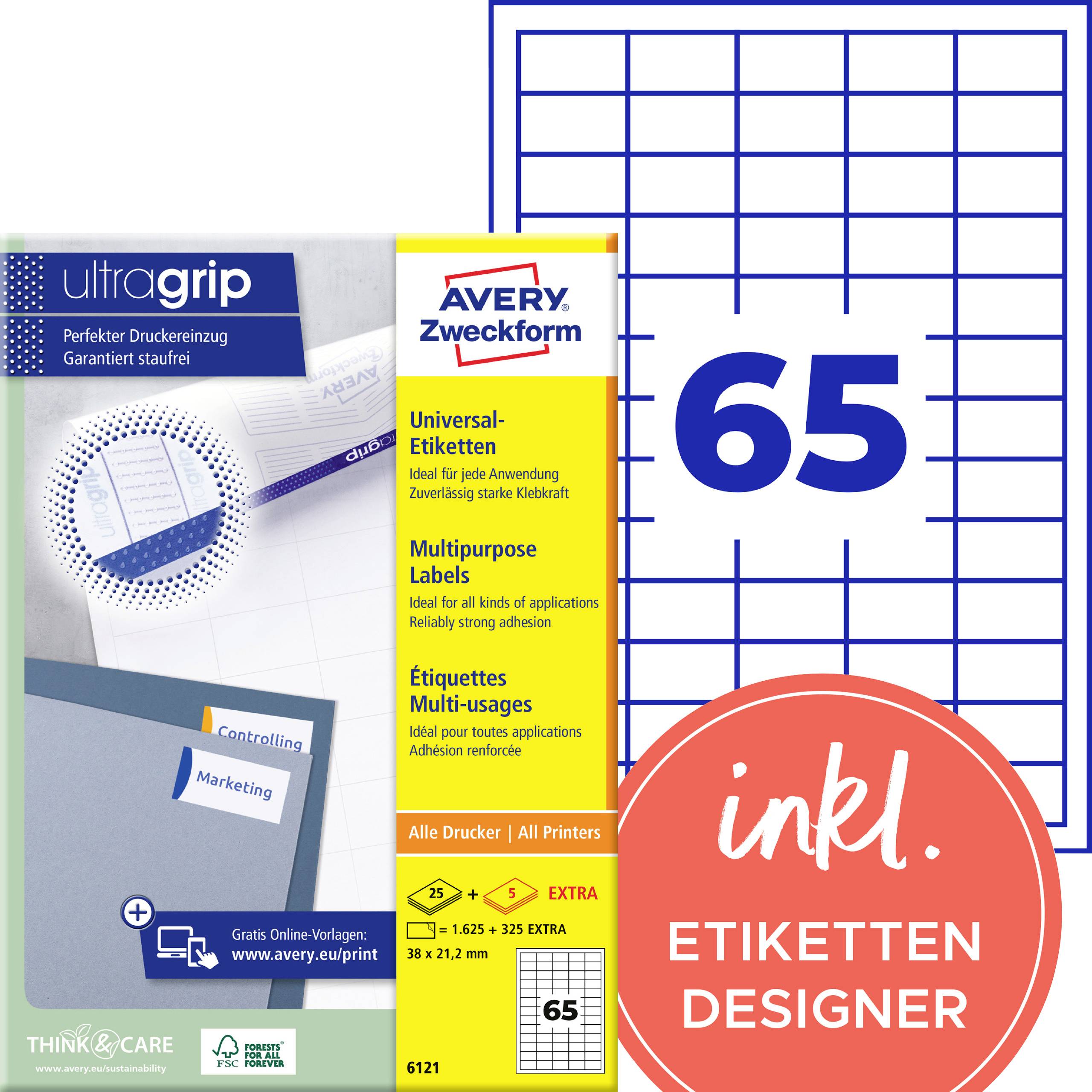 Avery Zweckform Universal-Multifunktionsetiketten, 65 Blatt, mit integriertem Etikettdesigner; Verpackung mit Produktdetails und Preisgestaltungs-Callouts.