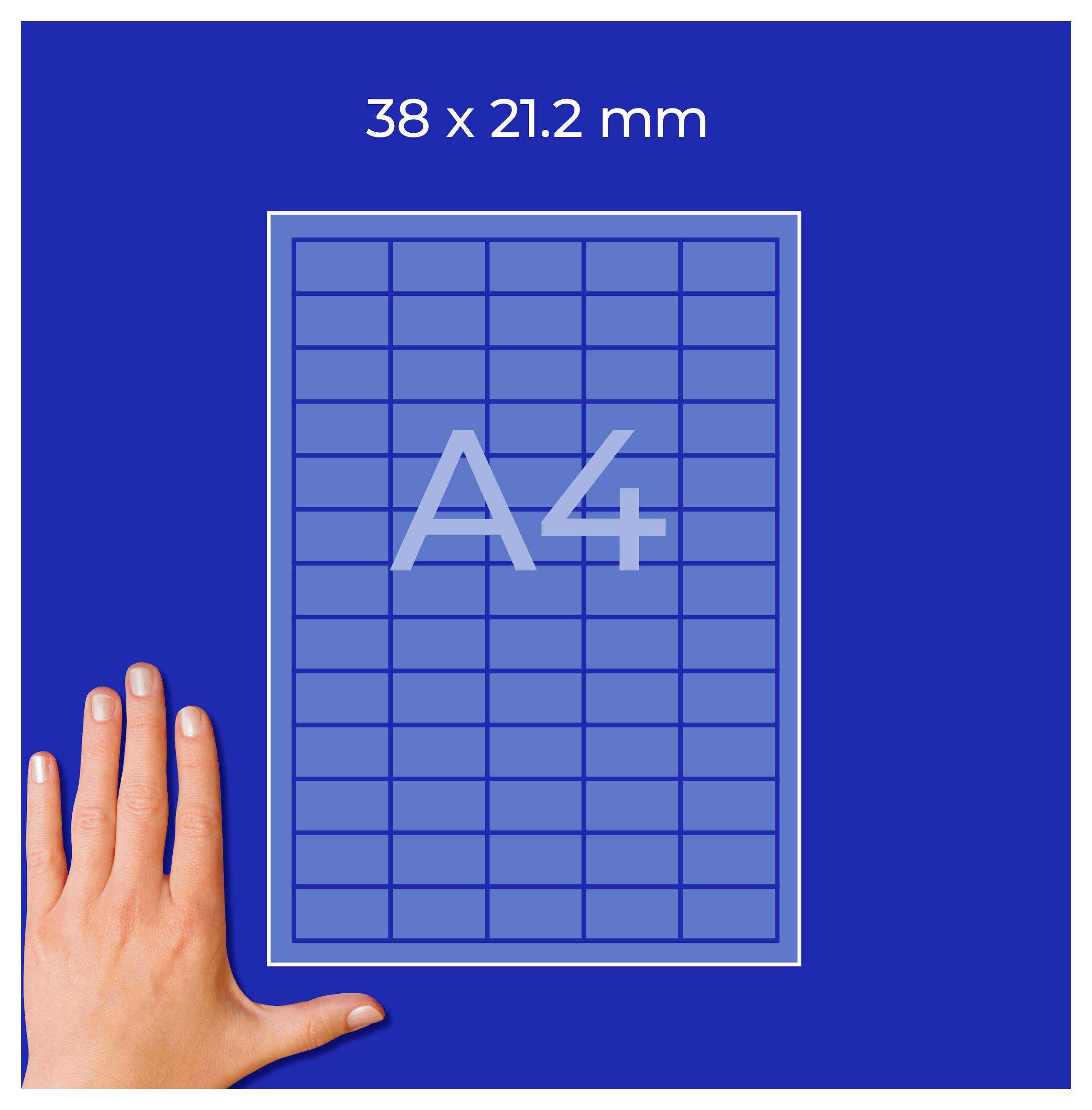 A4-Layoutvorlage: 38 × 21,2 mm großes Rasterfeld auf blauem Hintergrund, unten links eine Hand als Größenvergleich.