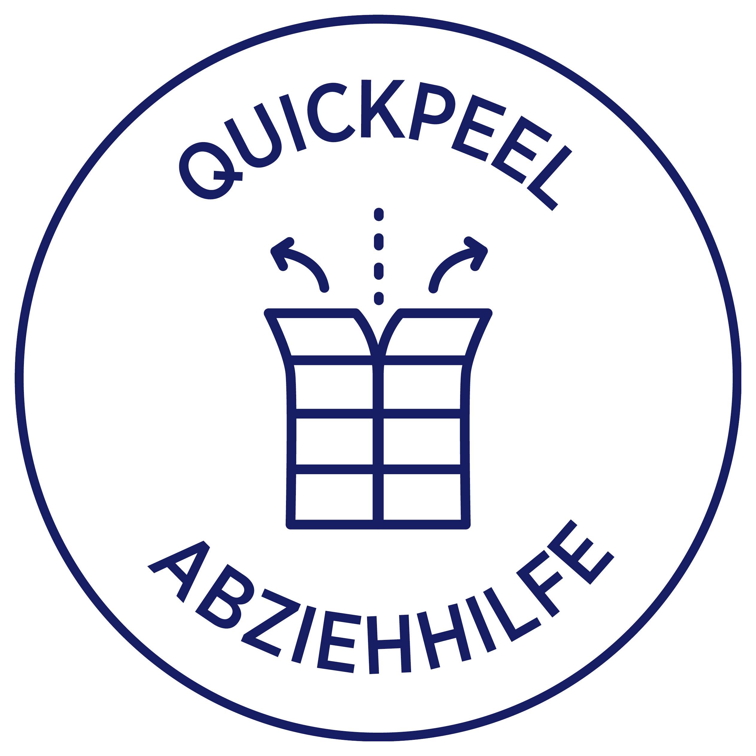 Logo mit offenem Karton und Pfeilen; umlaufender Text 'QUICKPEEL ABZIEHHILFE' im Kreis.