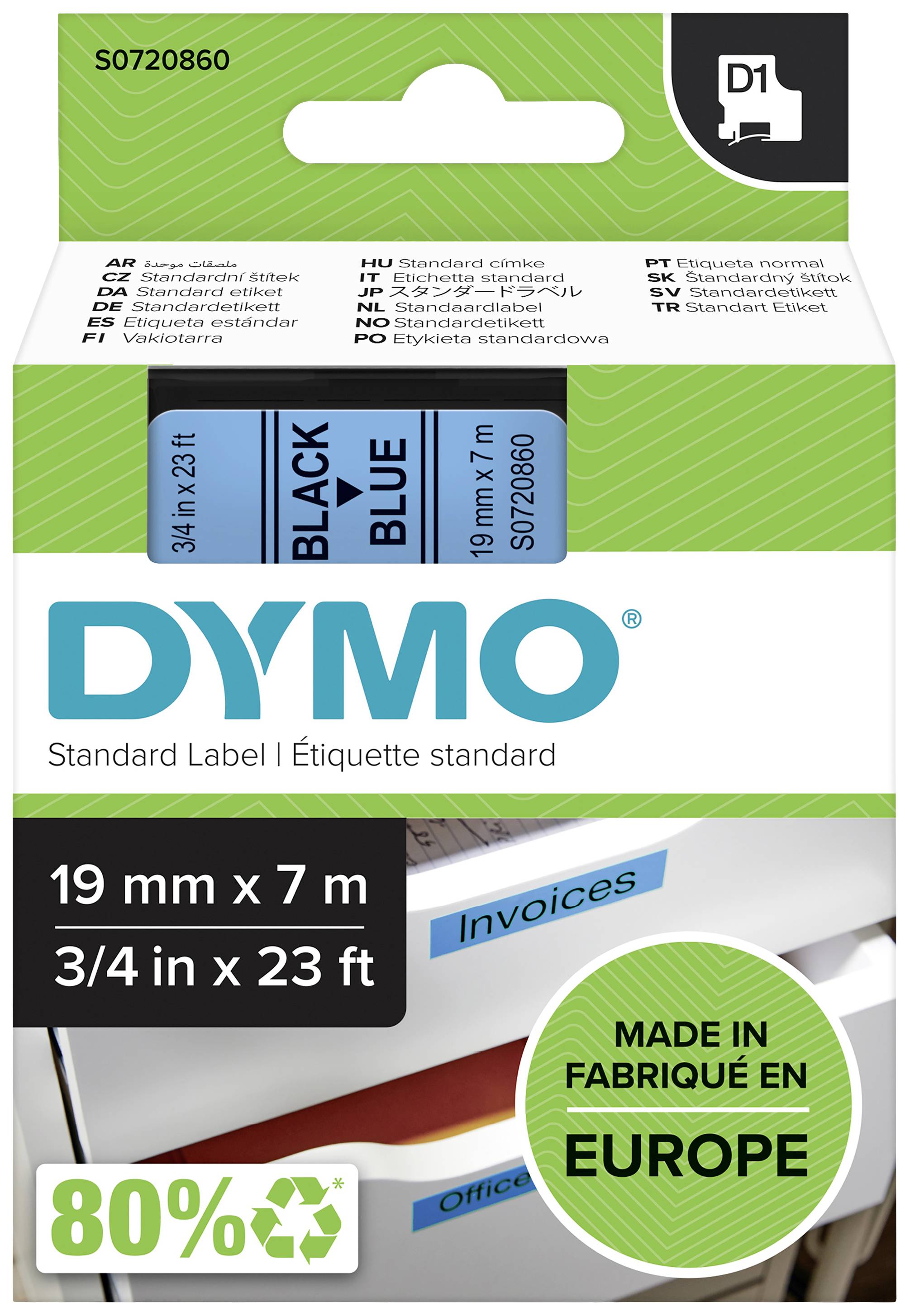 'DYMO Standardetikett' Verpackung für Etikettenband, 19 mm x 7 m, in Blau und Schwarz. Hinweis: 'Hergestellt in Europa', 80 % recycelte Materialien.