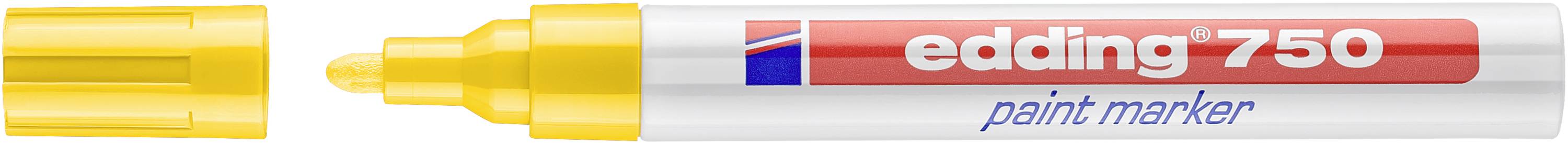 Gelber Edding 750 Lackmarker horizontal dargestellt, mit entfernter Kappe, um die breite Meißelspitze und die Beschriftung auf dem Schaft zu zeigen.