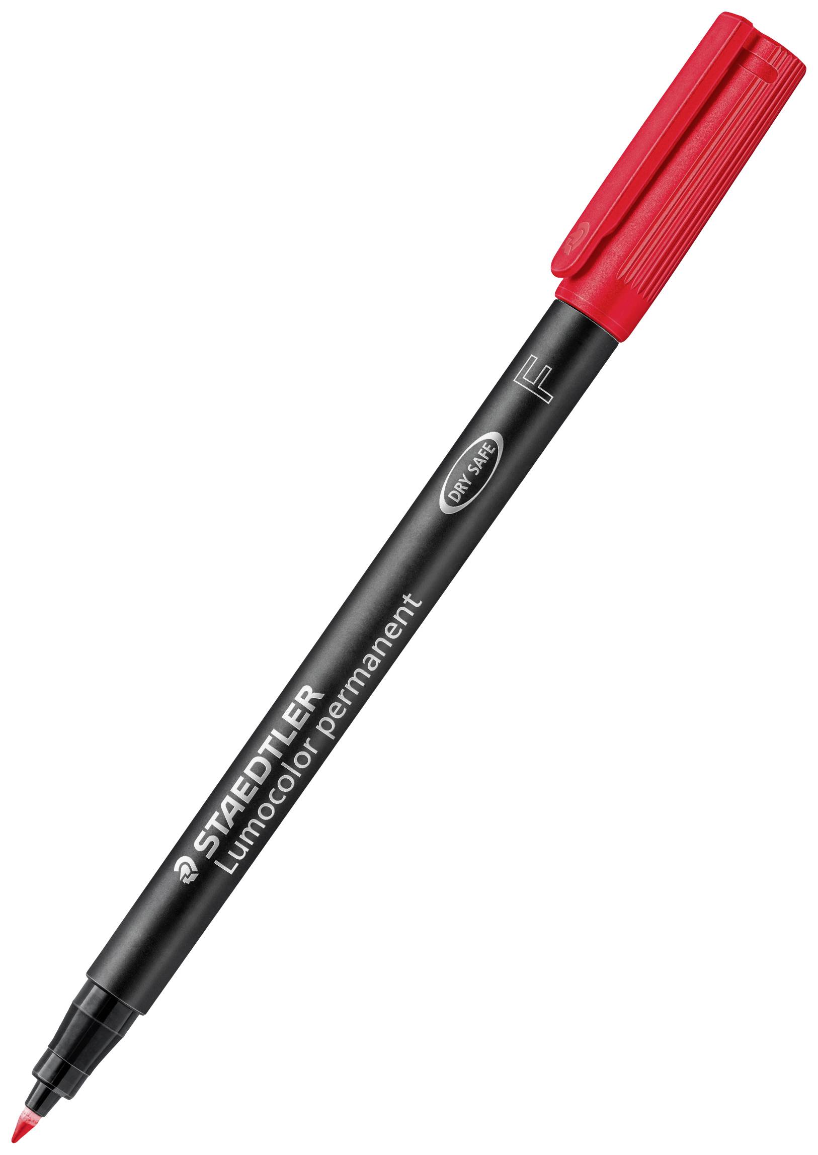 Ein schwarzer Permanentmarker der Marke Staedtler mit roter Kappe und Spitze, geeignet zum dauerhaften Beschriften auf verschiedenen Oberflächen.