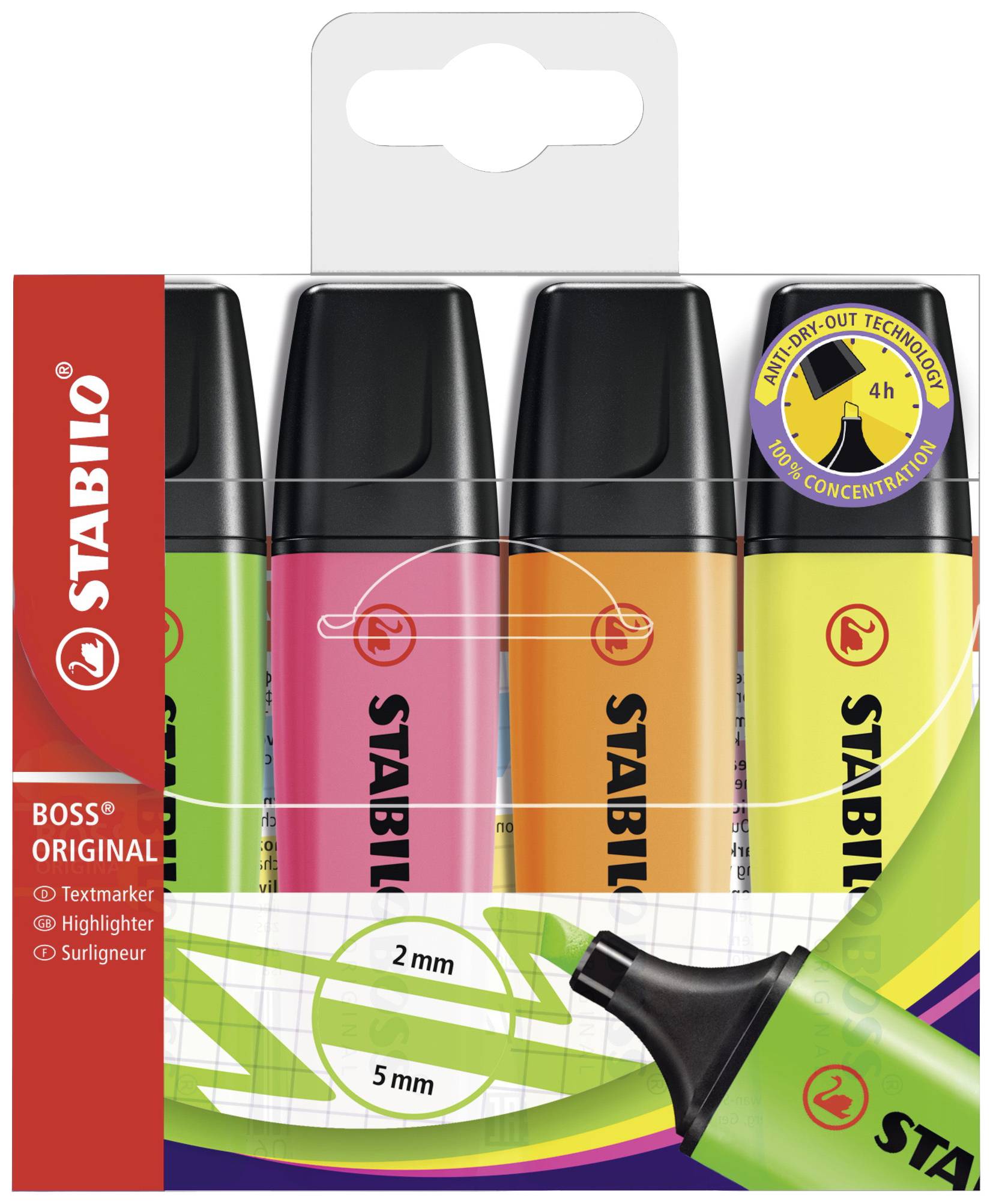 Vier bunte Textmarker von Stabilo in den Farben Gelb, Pink, Orange und Grün in einer durchsichtigen Verpackung.
