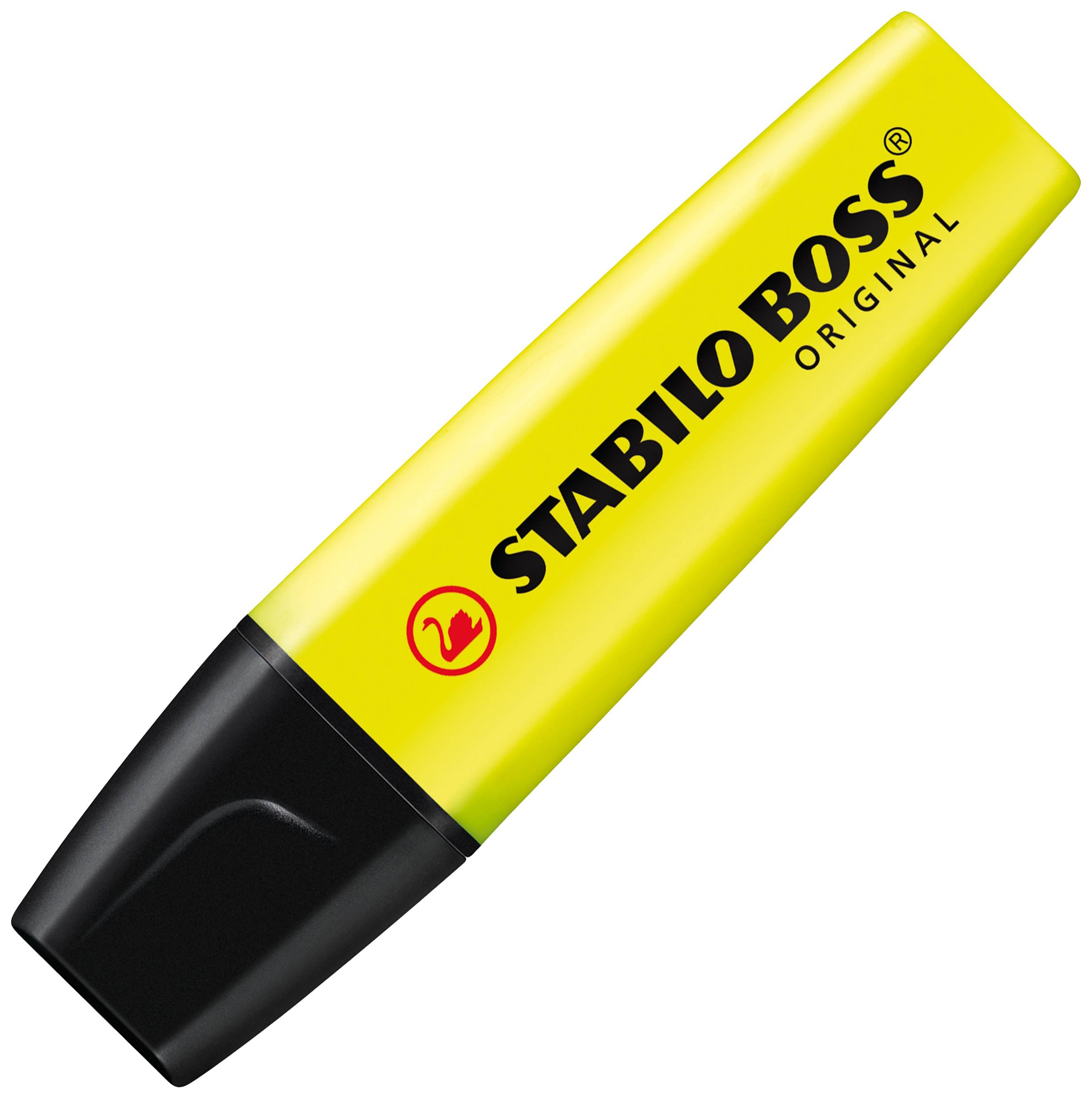Gelber Textmarker mit schwarzer Kappe, Marke 'Stabilo Boss Original'.