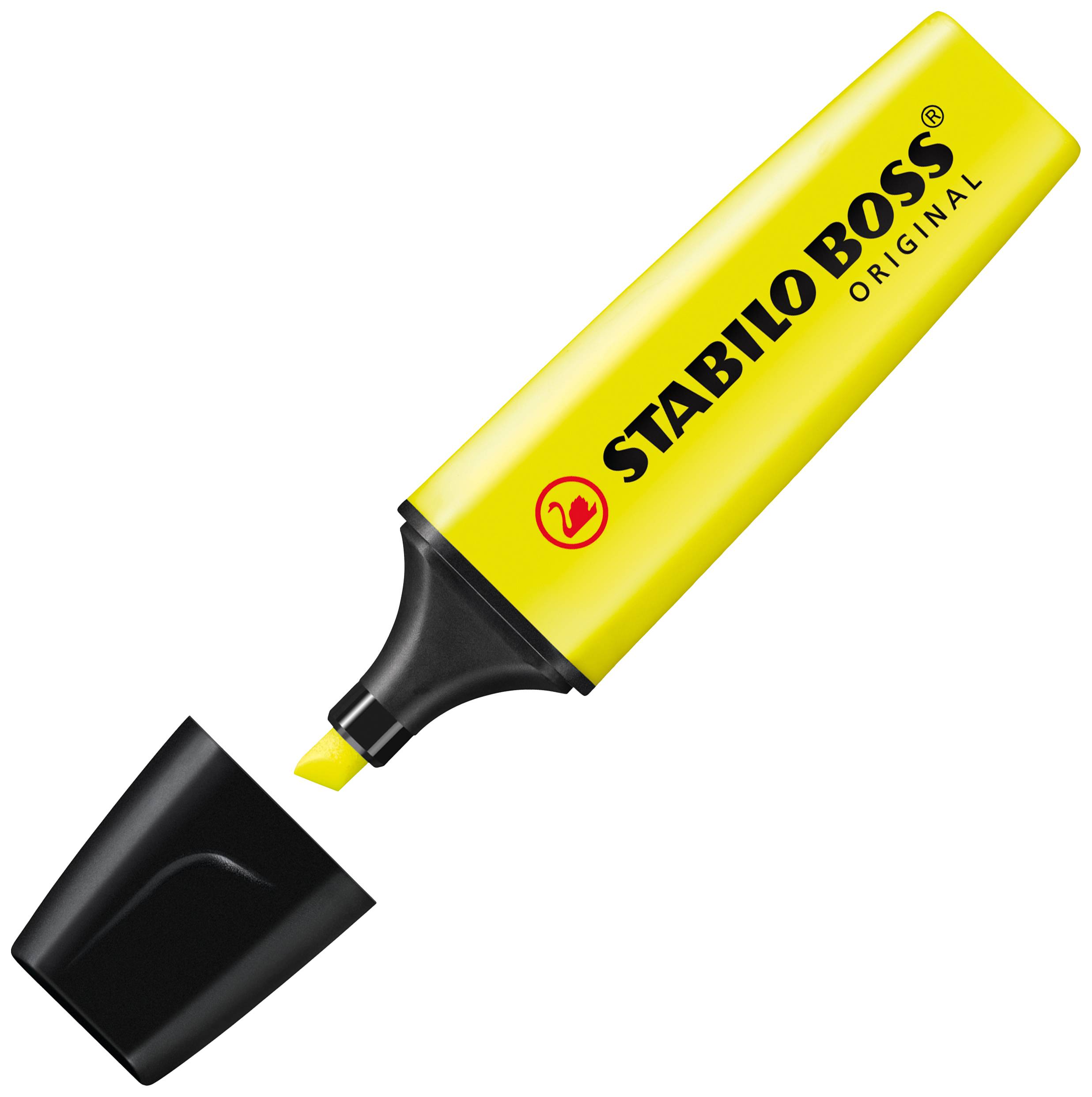 Gelber Stabilo Boss Textmarker mit schwarzer Kappe, leicht geöffnet.