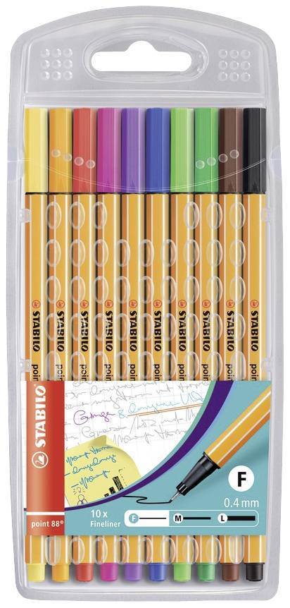 Zehn STABILO point 88 Fineliner-Stifte in verschiedenen Farben in einer transparenten Verpackung mit Stiftspitze und Strichbreite (0,4 mm).
