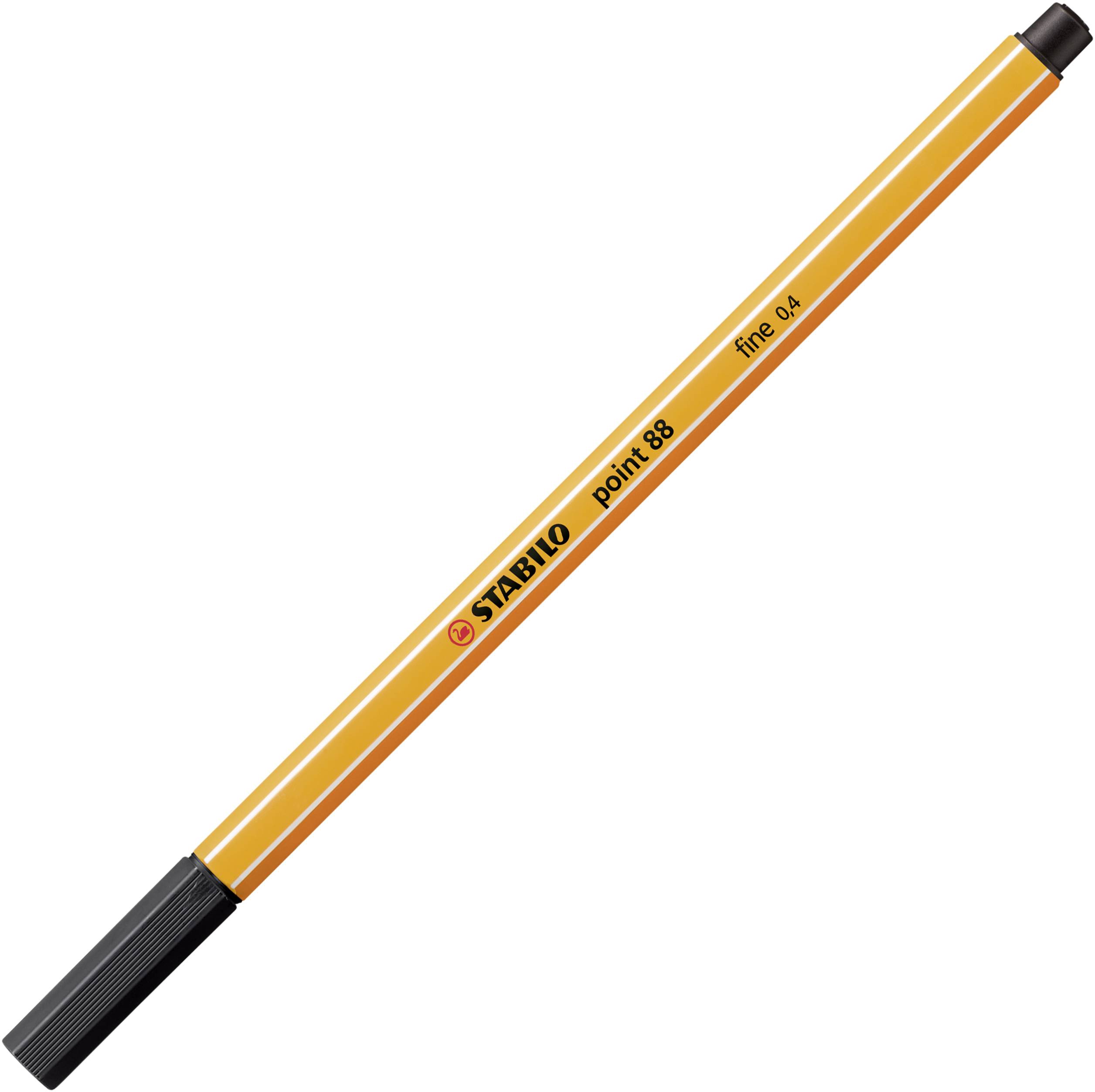Ein gelber Fineliner mit schwarzer Kappe und der Aufschrift 'STABILO point 88 fine 0.4'.
