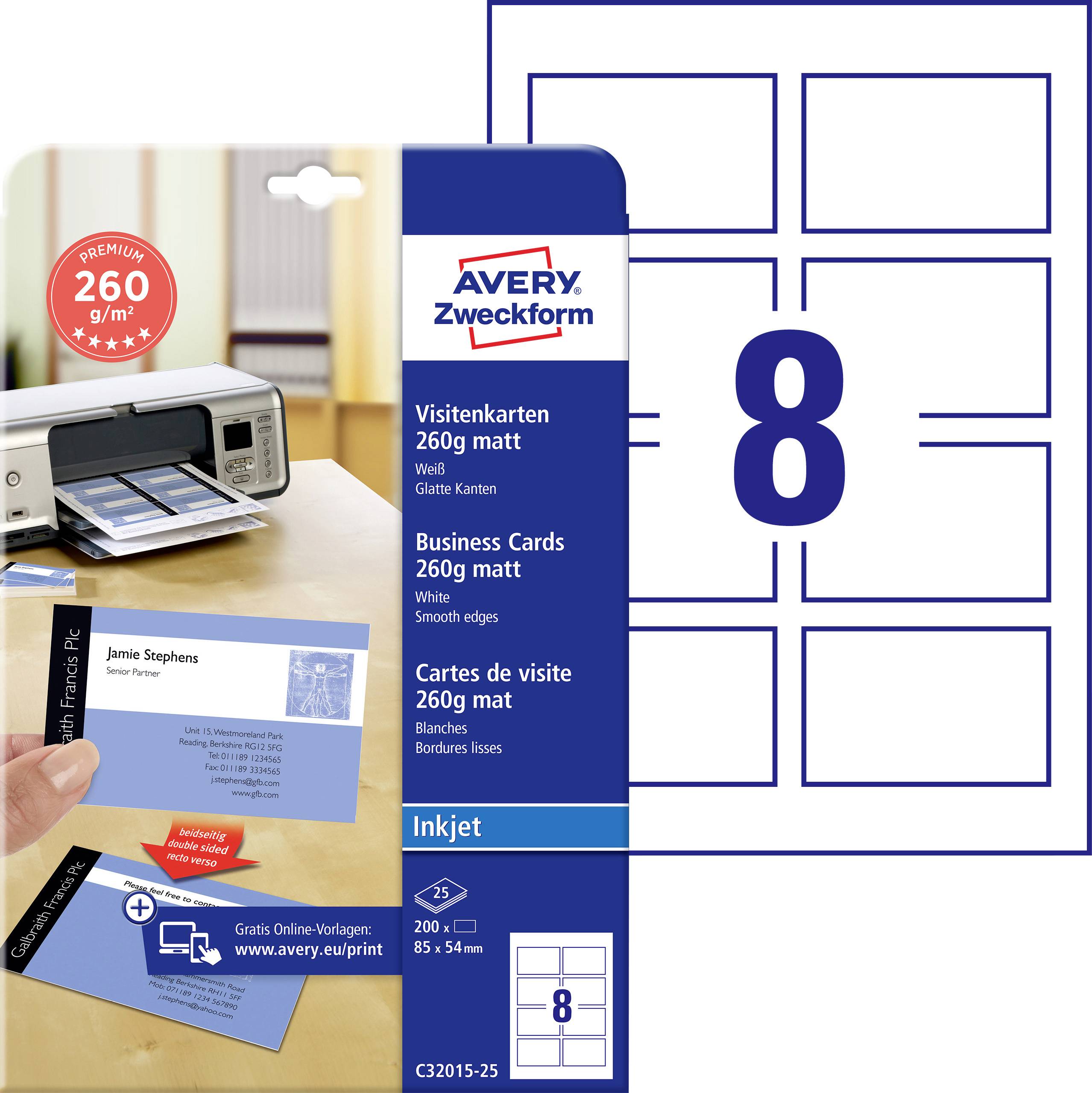 Avery Zweckform Inkjet-Visitenkartenpapier Pack für 260 g/m² weiße matte Karten mit 8er-Layout pro Blatt und Musterkarten.