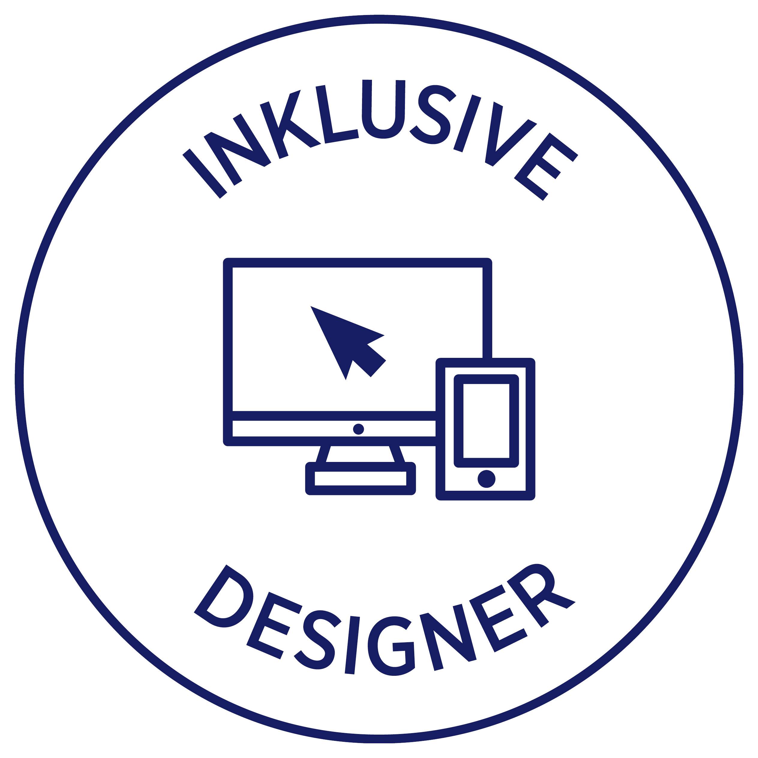 Logo mit der Aufschrift 'INKLUSIVE DESIGNER', zeigt Monitor und Smartphone mit Mauszeiger, steht für barrierefreies bzw. inklusives Webdesign.