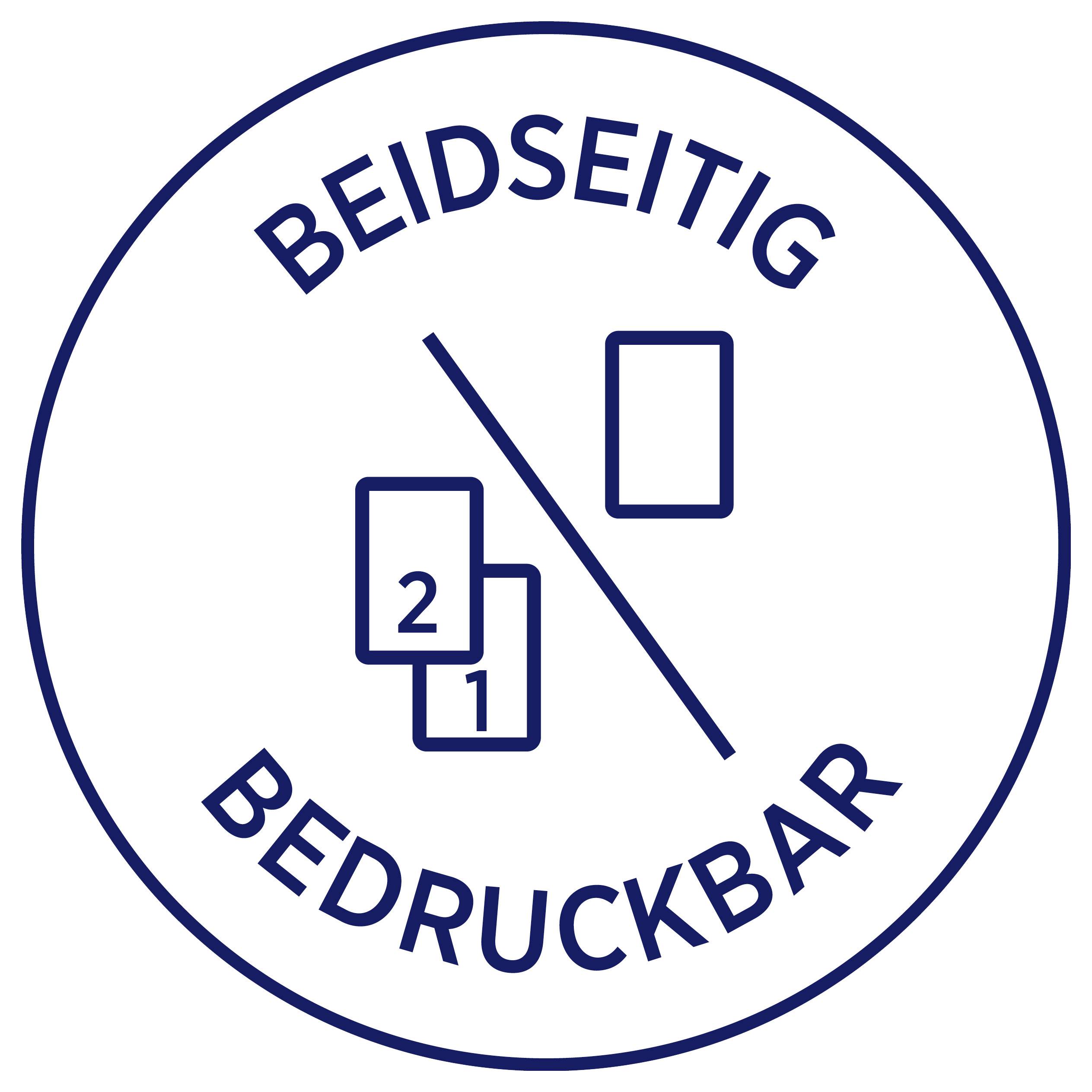 Rundes Symbol mit der Aufschrift 'BEIDSEITIG BEDRUCKBAR', das zwei bedruckbare Seiten und eine Trennlinie zwischen ihnen zeigt.