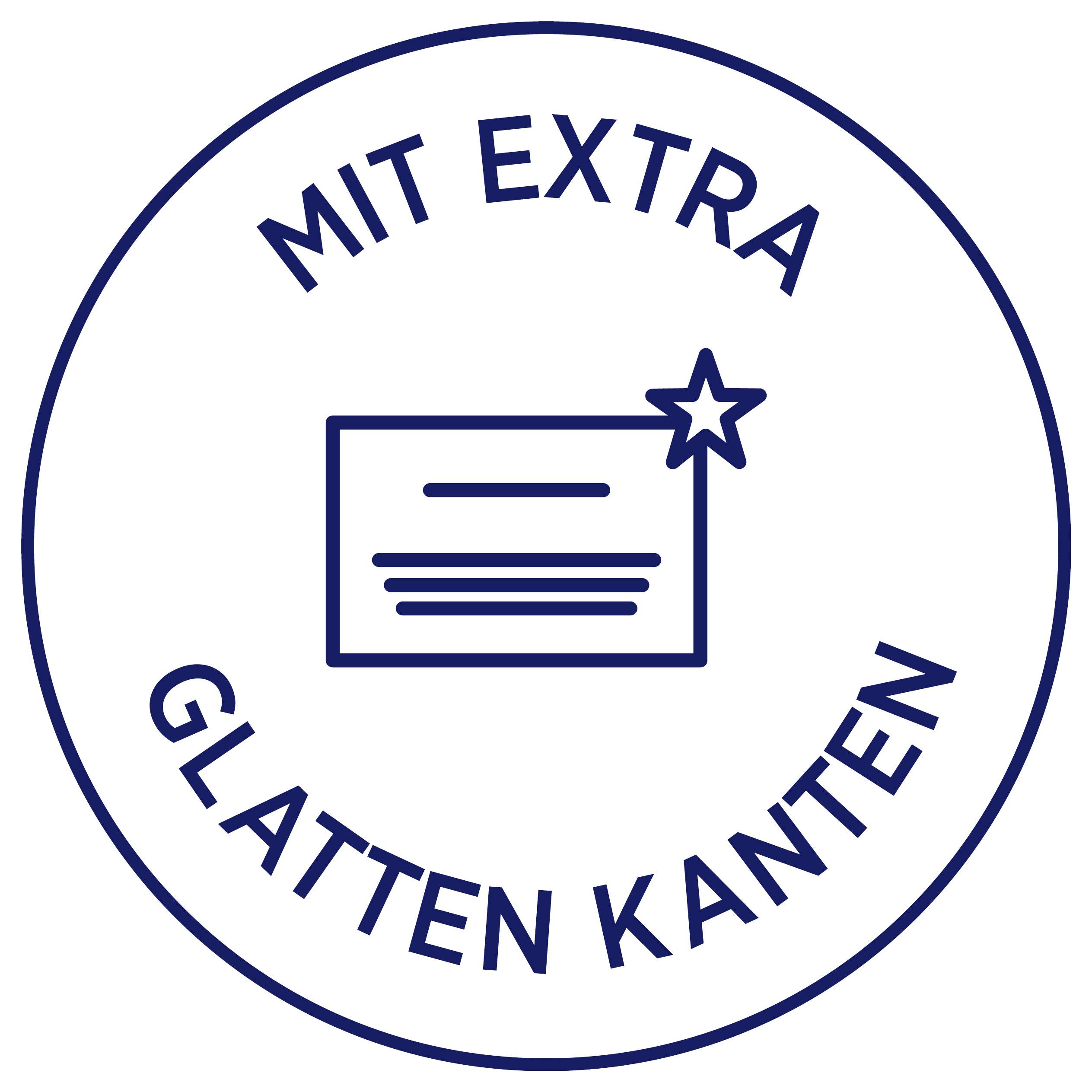 Rundes Siegel mit Text 'MIT EXTRA GLATTEN KANTEN' und Symbol einer Karte mit Stern.