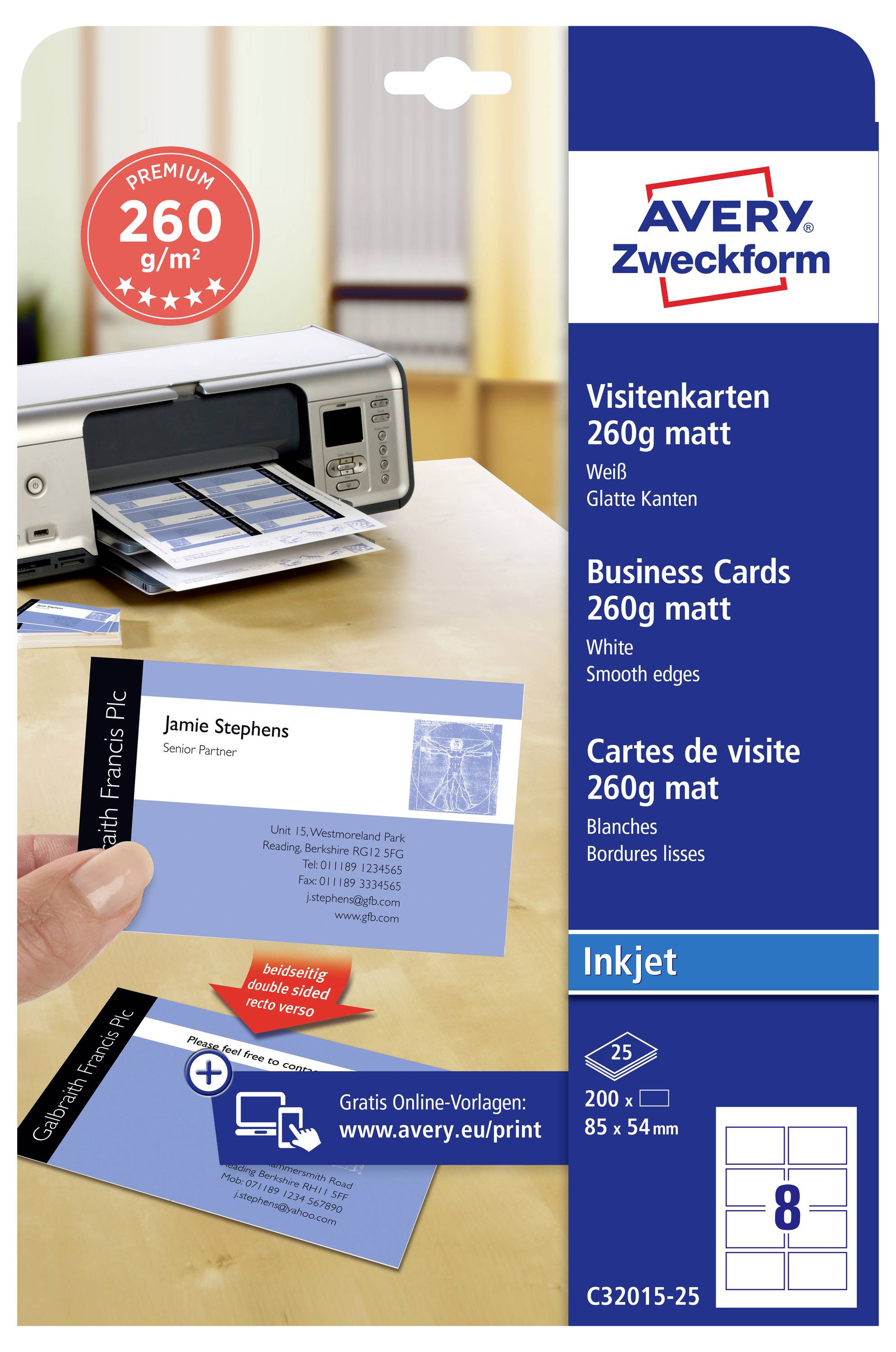 Avery-Zweckform C32015-25 Bedruckbare Visitenkarten, glatte Kanten 85 x 54 mm Weiß 200 St. Papierformat: DIN A4