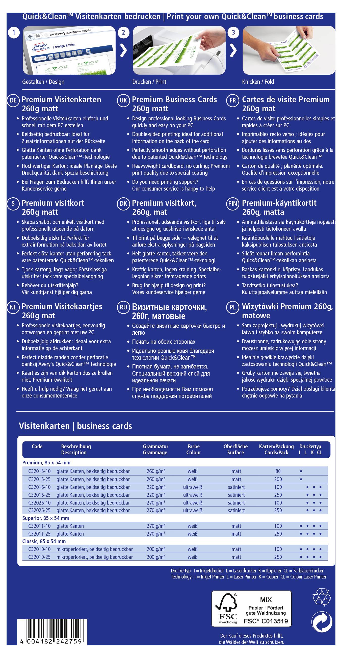 Avery-Zweckform C32015-25 Bedruckbare Visitenkarten, glatte Kanten 85 x 54 mm Weiß 200 St. Papierformat: DIN A4