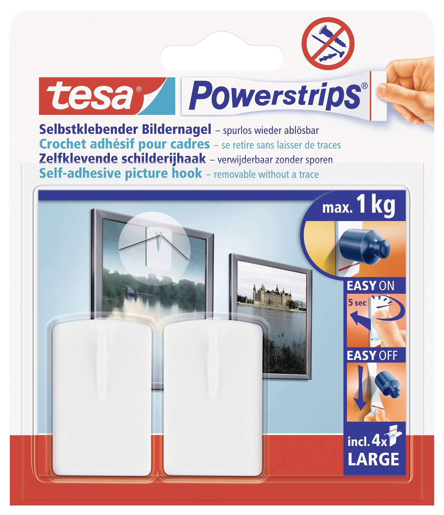 Verpackung von tesa Powerstrips, selbstklebende Bildernägel, max. Tragkraft 1 kg, leicht anzubringen und zu entfernen.