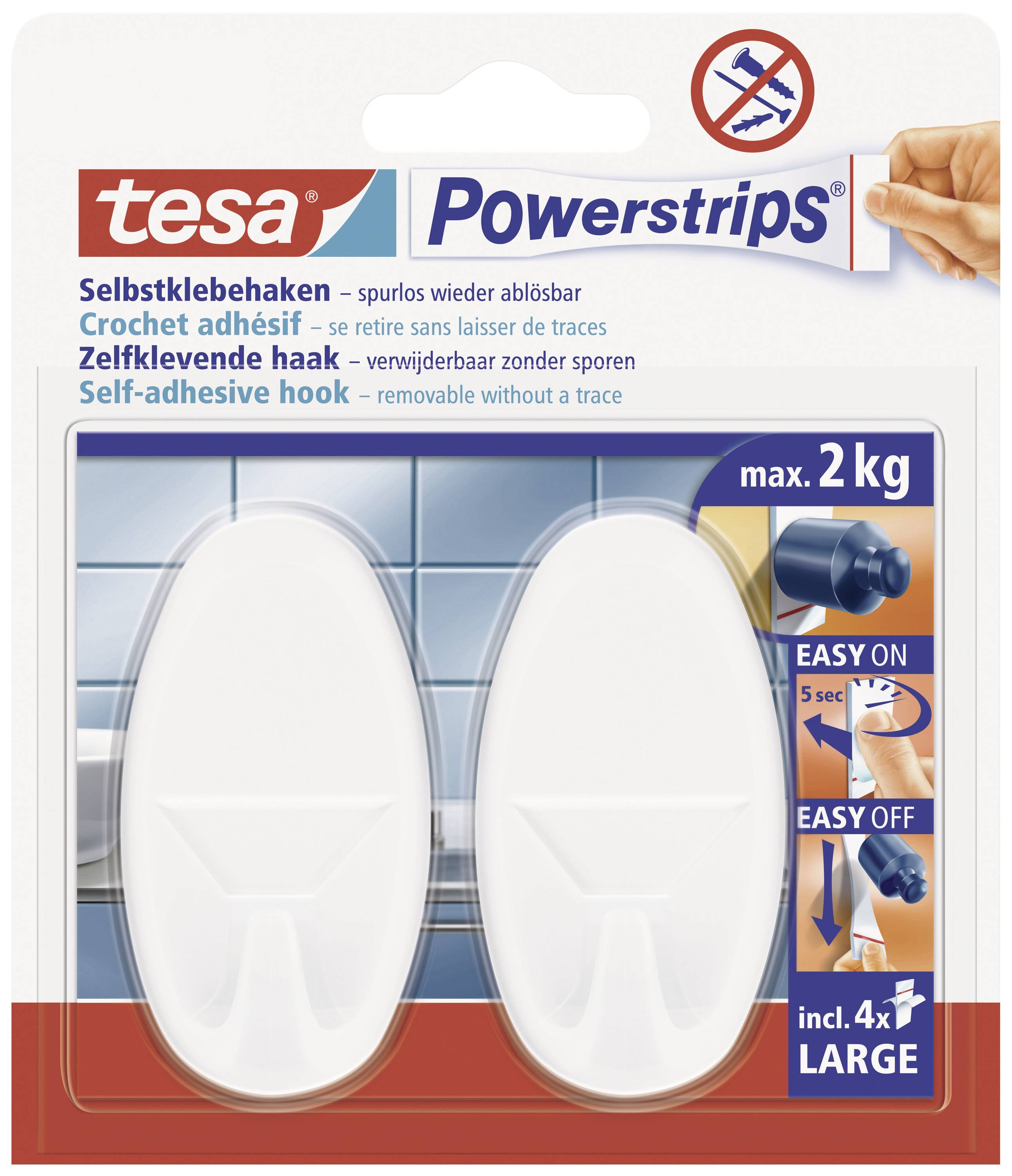 Verpackung von tesa Powerstrips mit zwei selbstklebenden Haken. Hält bis 2 kg. Hinweise auf einfache Anbringung und Rückstandsfreiheit.