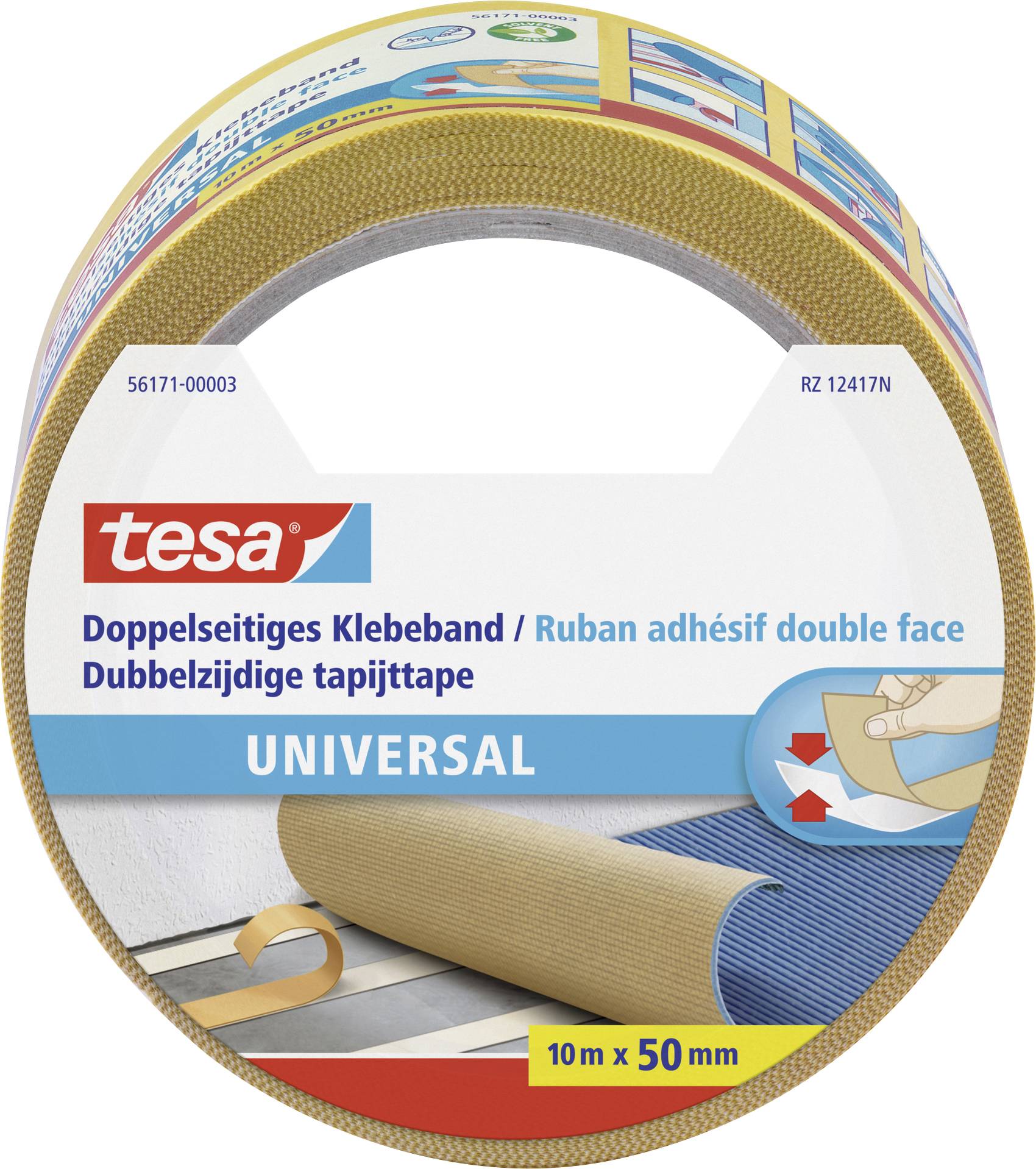 Doppelseitiges Klebeband, 10 m x 50 mm, geeignet für verschiedene Oberflächen. Verpackung zeigt Anwendungsmöglichkeiten.