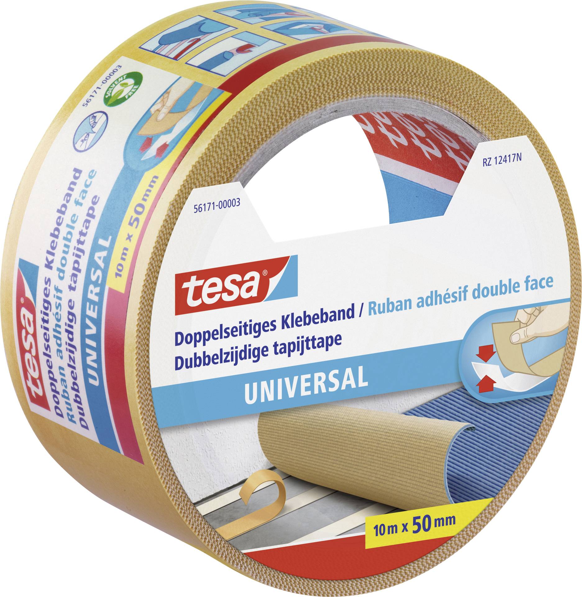 Die Abbildung zeigt eine Rolle doppelseitiges Klebeband der Marke 'tesa', Universal, 10 m x 50 mm, in einer Verpackung mit blauer und roter Beschriftung.
