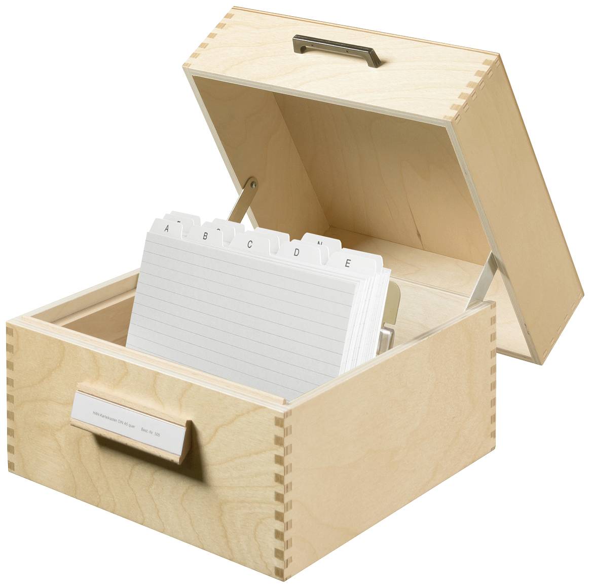 HAN 505 Karteikasten Naturholz max. Anzahl der Karten: 900 Karten DIN A5 quer mit Metallstütze, wegklappbarer Deckel mit Griff