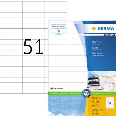 Herma 4459 Universal-Etiketten 70 x 16.9 mm Papier Weiß 5100 St. Permanent haftend Tintenstrahldrucker, Laserdrucker, Farblaserdrucker, Kopierer