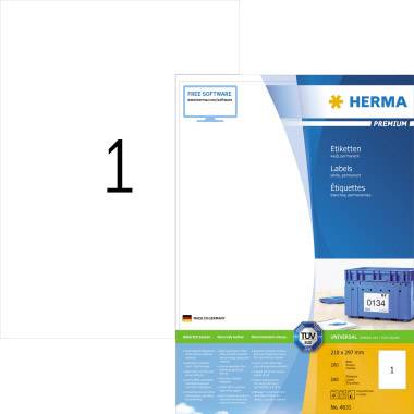 Etikettenverpackung von Herma, Größe 210 x 297 mm, 25 Blatt. Geeignet für Laserdrucker, Tintenstrahldrucker und Kopierer.