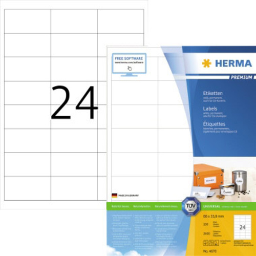 Herma 4670 Universal-Etiketten 66 x 33.8mm Papier Weiß 2400 St. Permanent haftend Tintenstrahldrucker, Laserdrucker