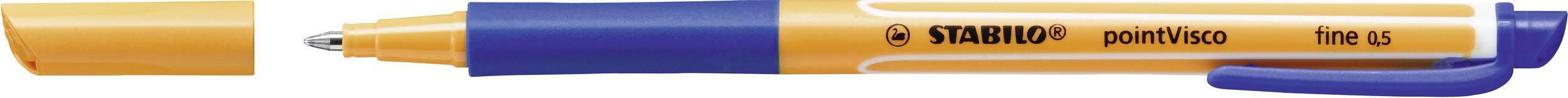 Ein orange-blauer Kugelschreiber mit abgenommenem Deckel. Aufschrift: 'STAEDTLER ball 432'.
