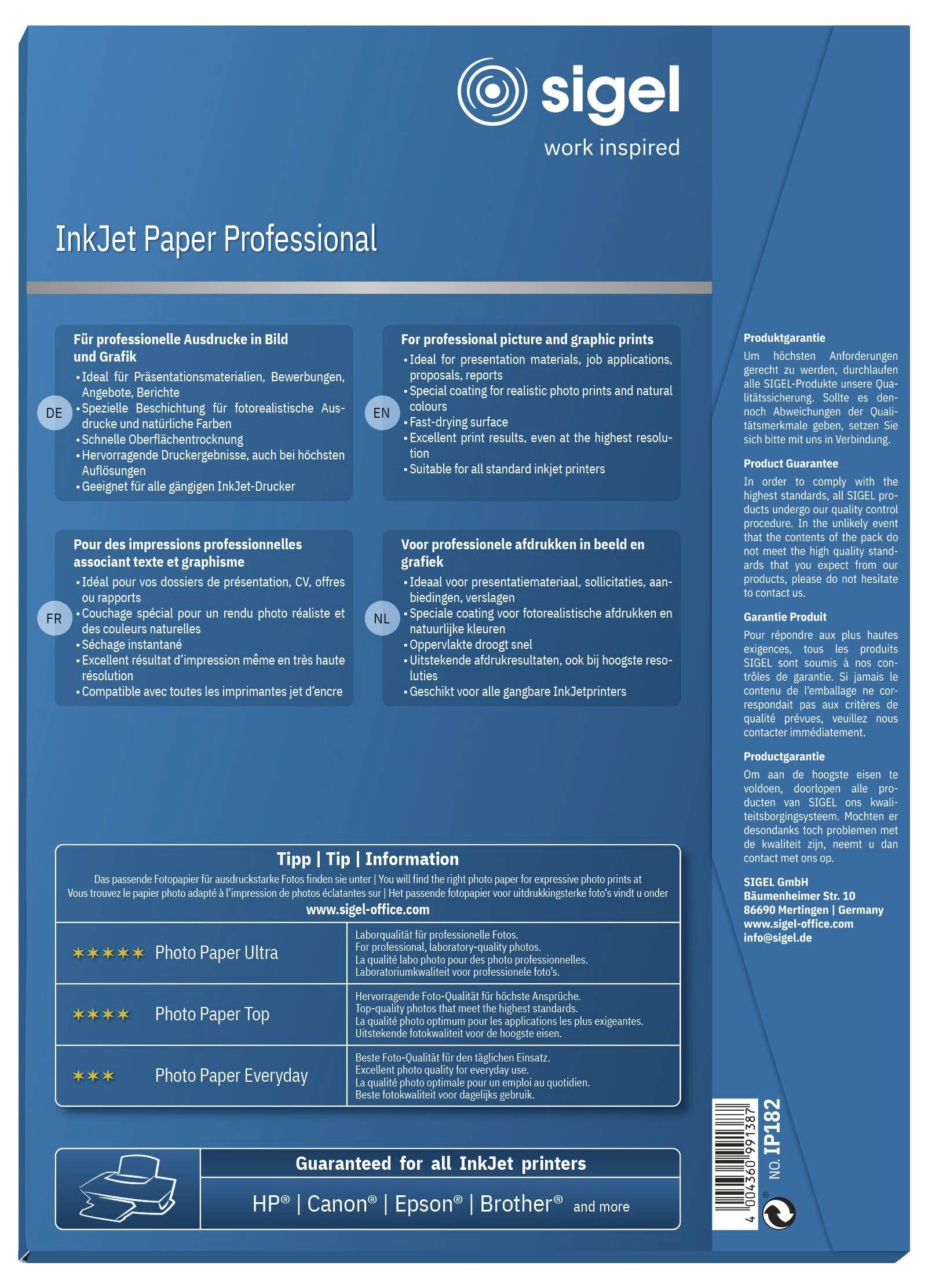 Sigel Inkjet Paper Professional IP182 Tintenstrahl Druckerpapier DIN A4 120 g/m² 50 Blatt Hochweiß