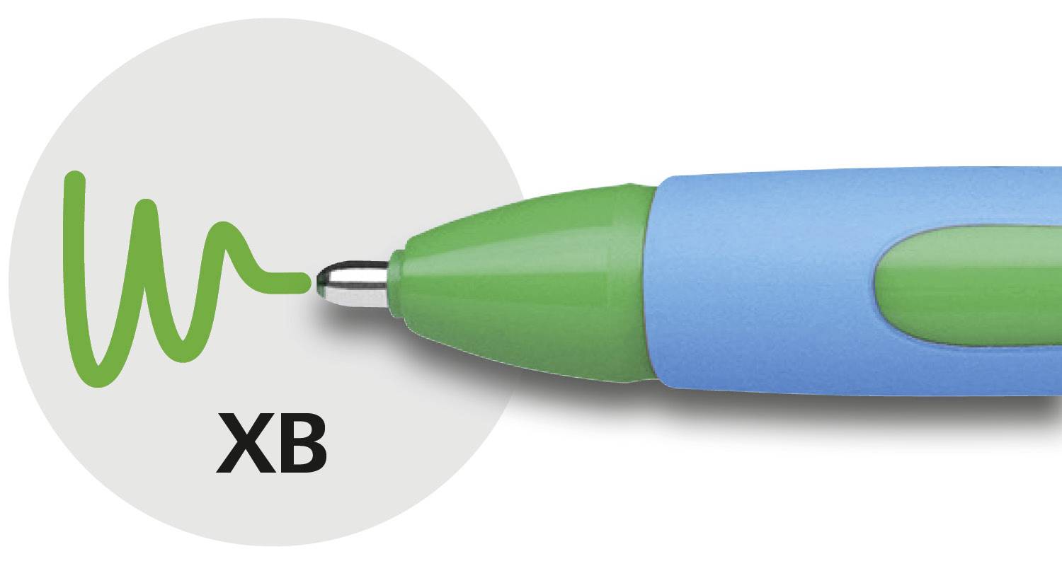 Ein blau-grüner Kugelschreiber zeichnet eine grüne Linie auf einem weißen Kreis. Unten steht 'XB'.