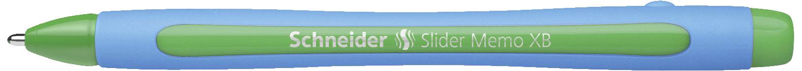 Ein blauer und grüner Kugelschreiber mit der Aufschrift 'Schneider Slider Memo XB'.