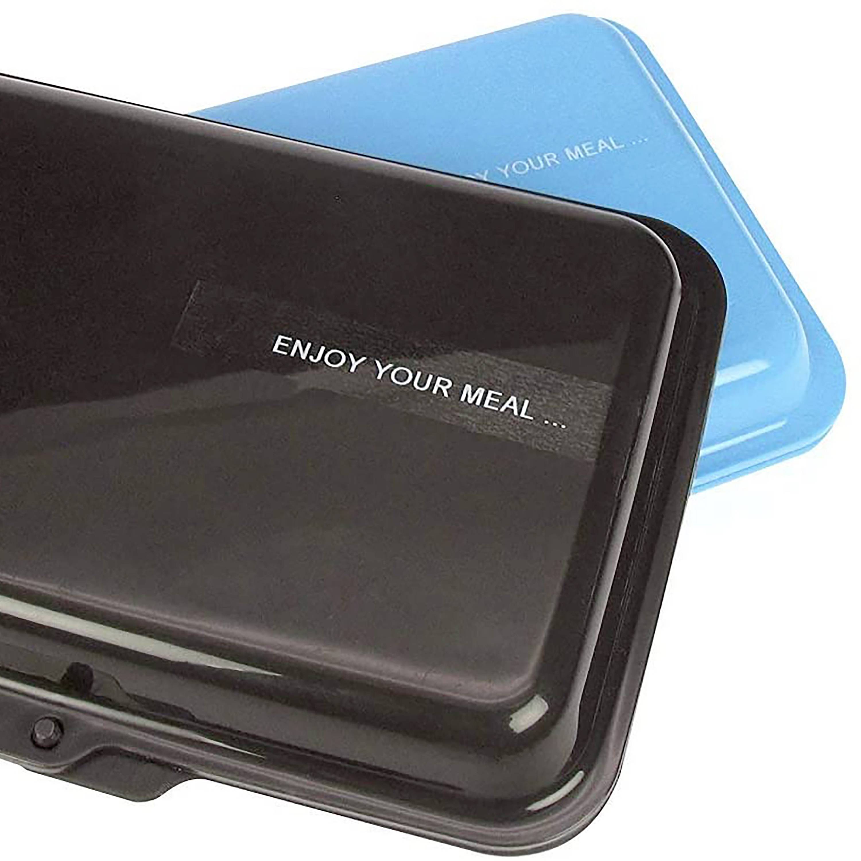 Schwarze und blaue Essensboxen mit der Aufschrift 'Enjoy Your Meal'. Ideal für die Aufbewahrung und den Transport von Lebensmitteln.