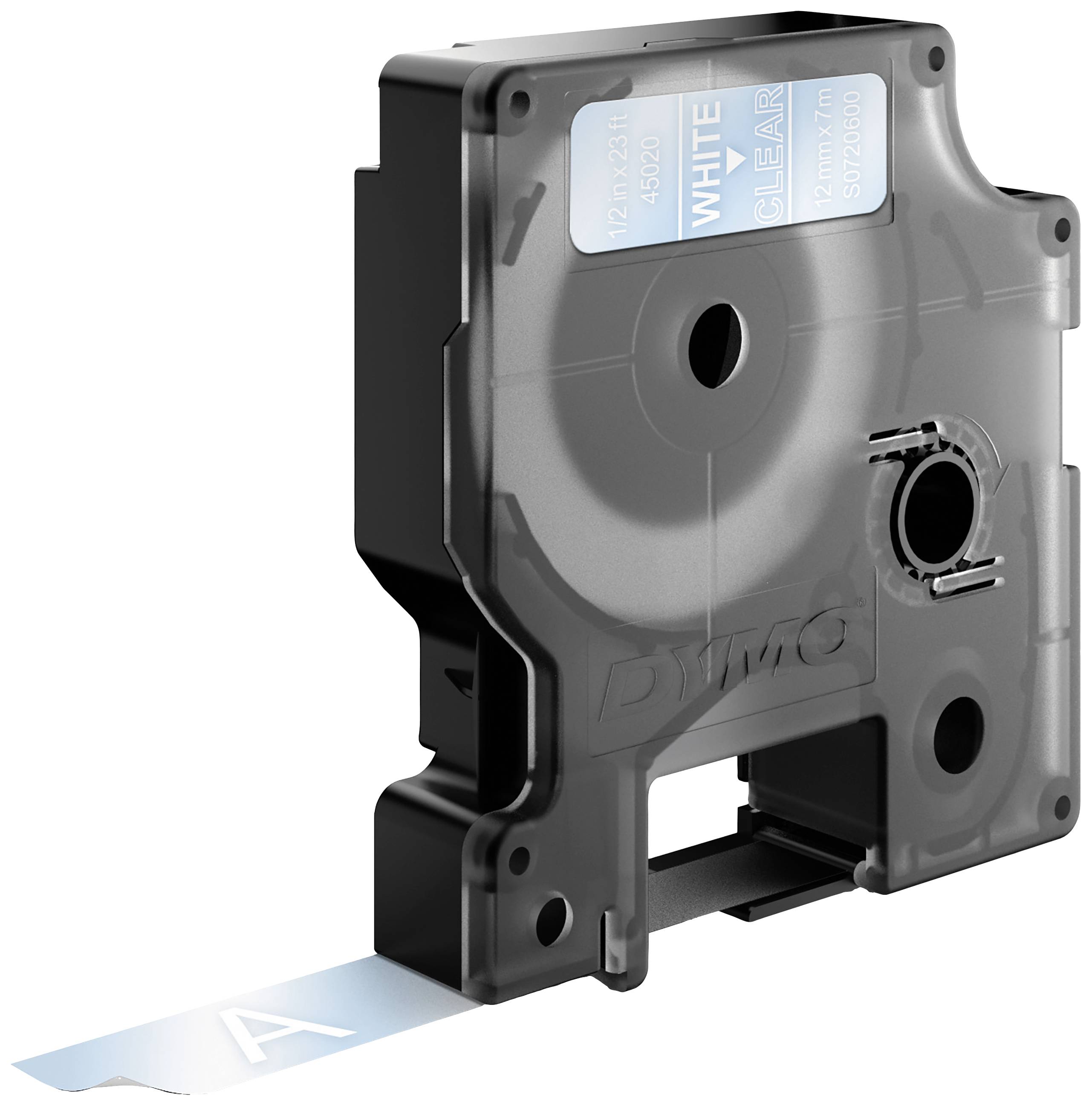 Schwarzer DYMO-Etikettenkassettenhalter mit weißem Etikettenband, das mit 'A' bedruckt ist. Entworfen für Etikettendrucker.