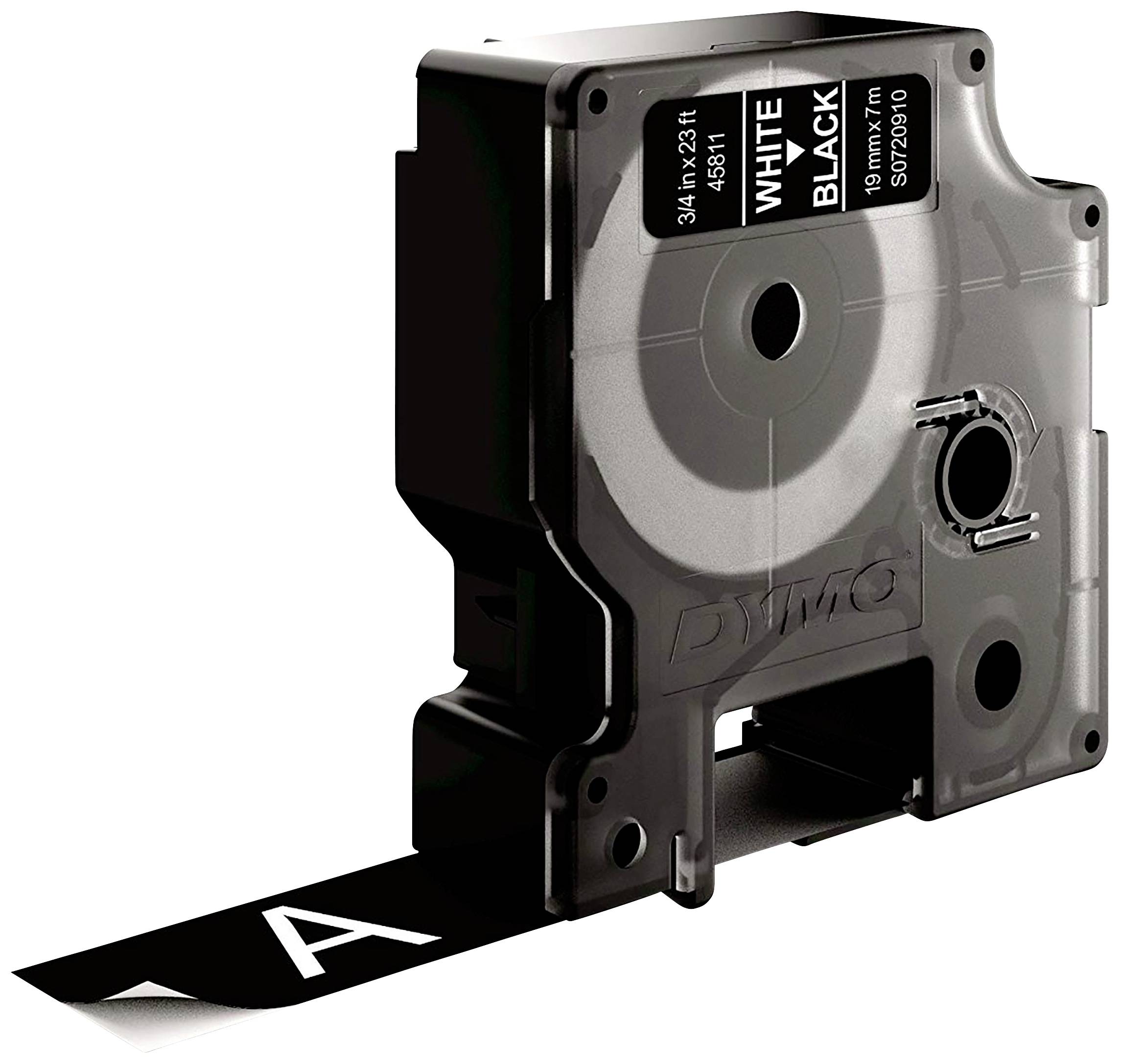 Drucker-Etikettenkassette von DYMO, zeigt 'WHITE' auf schwarzem Hintergrund. Geeignet für 3/4 Zoll breite Etiketten.