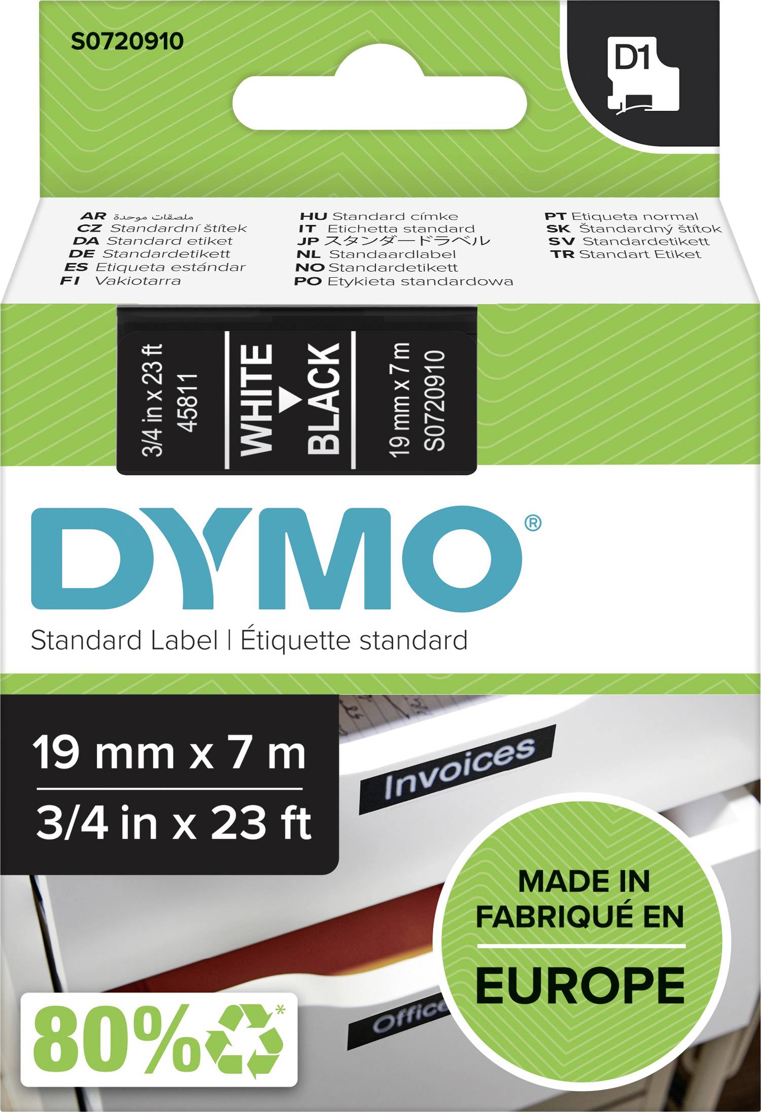 'DYMO' Etikettenverpackung mit Text: 'Standard Label', Größe 19 mm x 7 m, 80% recycelbar, hergestellt in Europa.