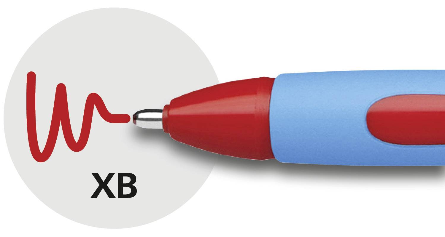 Ein blauer und roter Kugelschreiber mit roter Tinte. Rechts daneben ein roter Strich und die Buchstaben 'XB'.