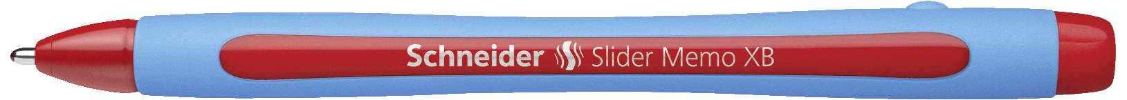 Blauer und roter Kugelschreiber mit der Aufschrift 'Schneider Slider Memo XB' auf der roten Seite.