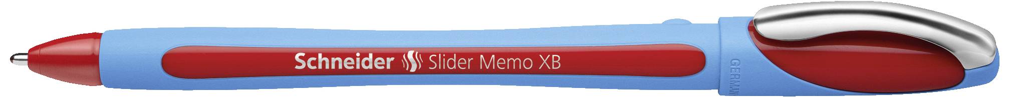 Blauer und roter Kugelschreiber, Marke 'Schneider Slider Memo XB', mit ergonomischem Griff und silberfarbener Clipspitze.