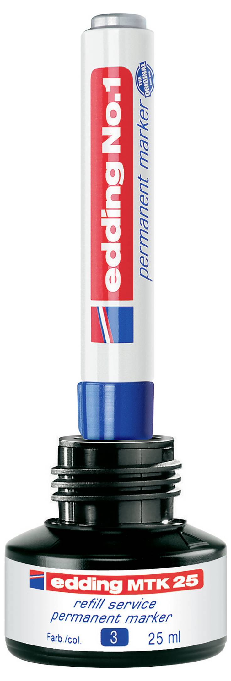 Foto eines edding MTK 25 Nachfüllservice-Permanentmarkers mit einem silber-blauen Marker, der in einer schwarzen Tintennachfüllflasche ruht.